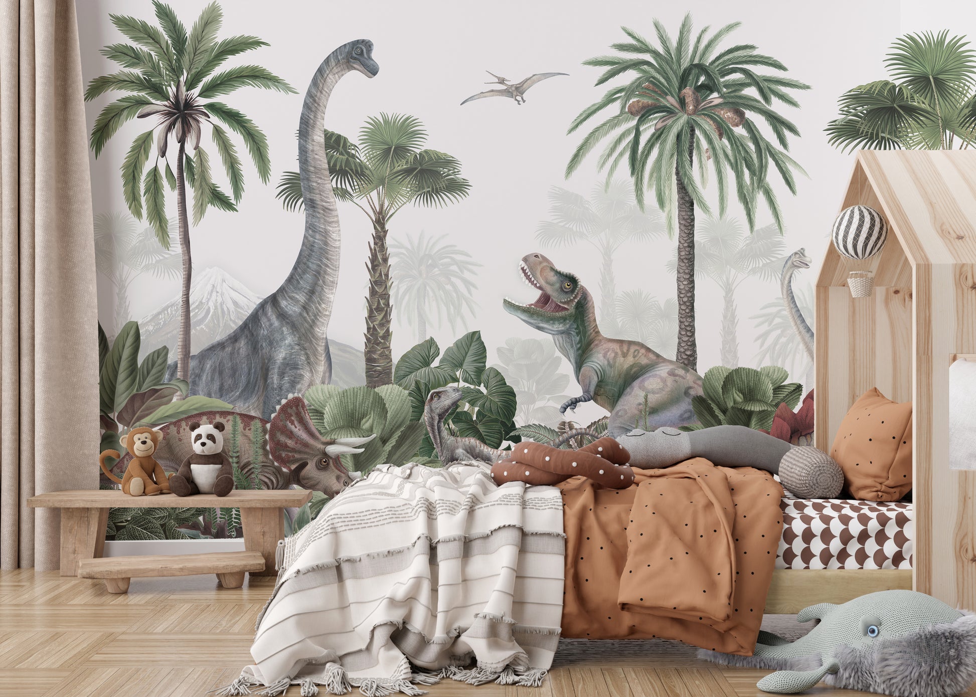 Artistic mural showcasing dinosaurs in a tropical setting.
