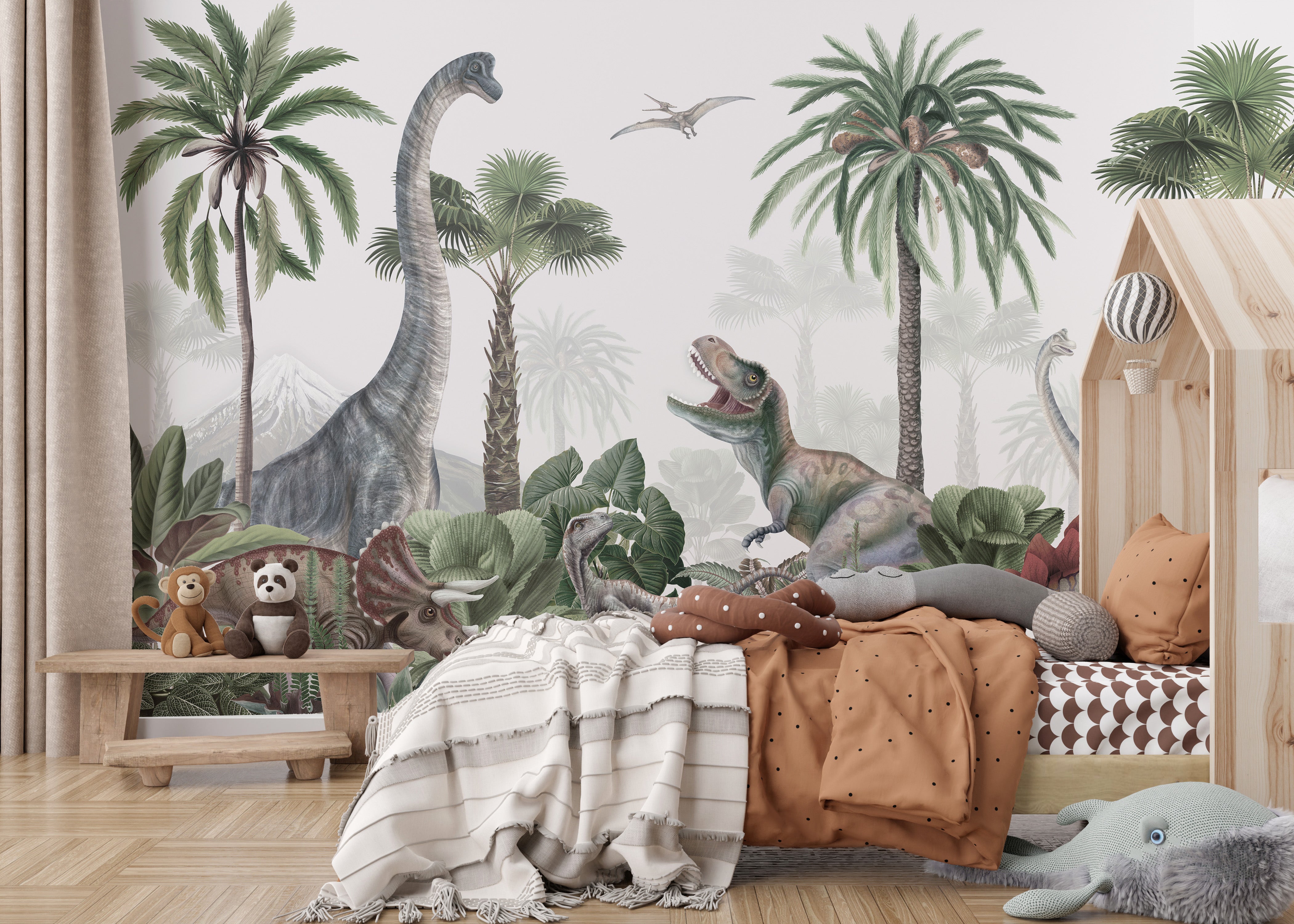 Artistic mural showcasing dinosaurs in a tropical setting.

