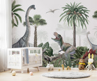 Scenic mural featuring dinosaurs in a vibrant tropical landscape.
