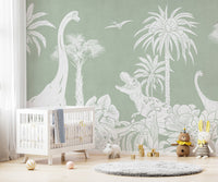 Monochrome Dino Green mural adds vibrant charm to walls.

