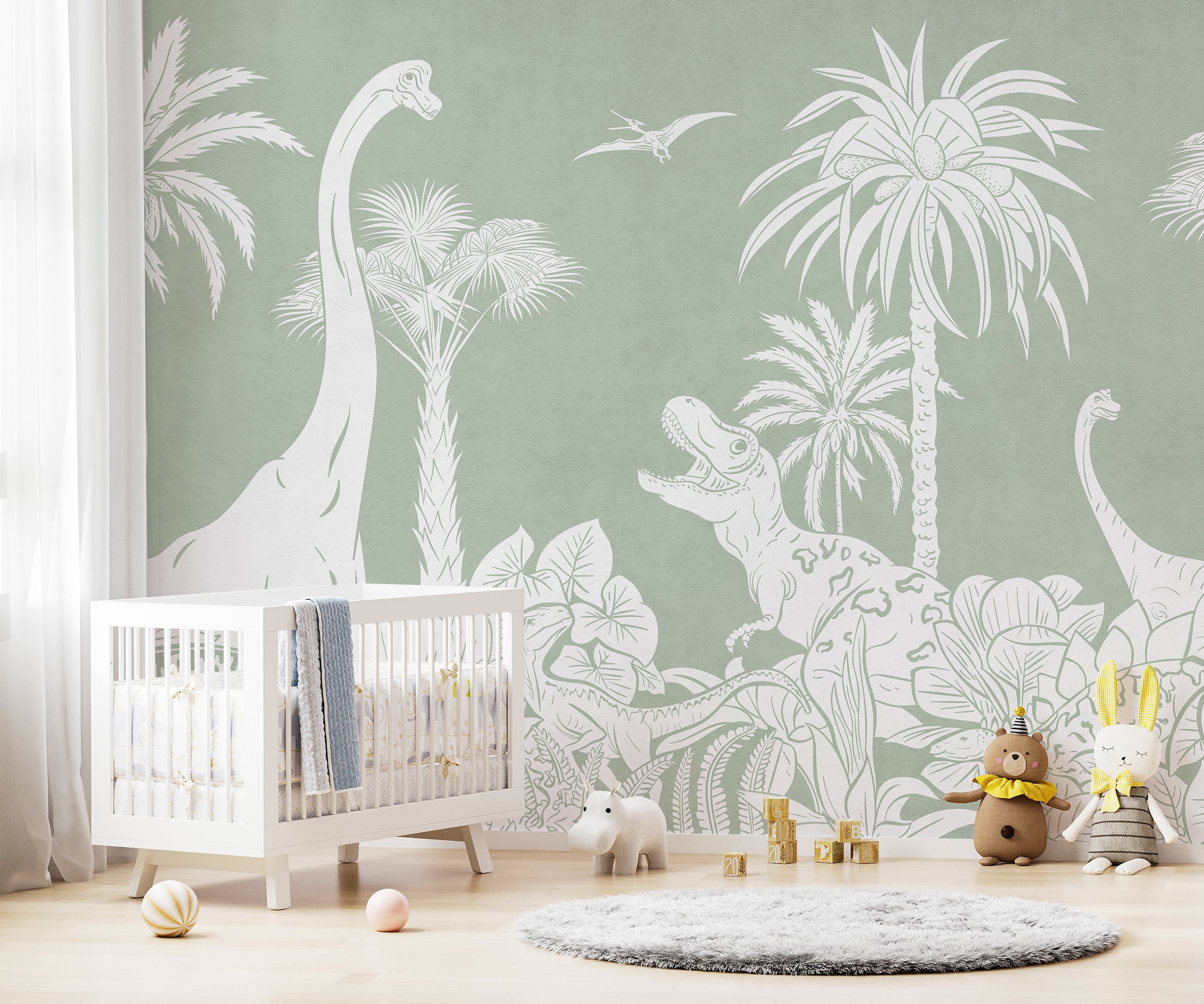 Monochrome Dino Green mural adds vibrant charm to walls.
