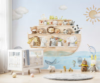 Playful wall mural showcasing adorable animals on an ark
