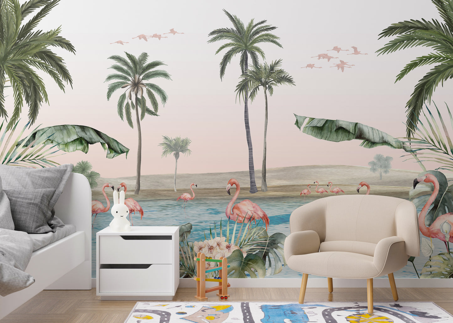 Flamingo mural adding tropical charm to any space.
