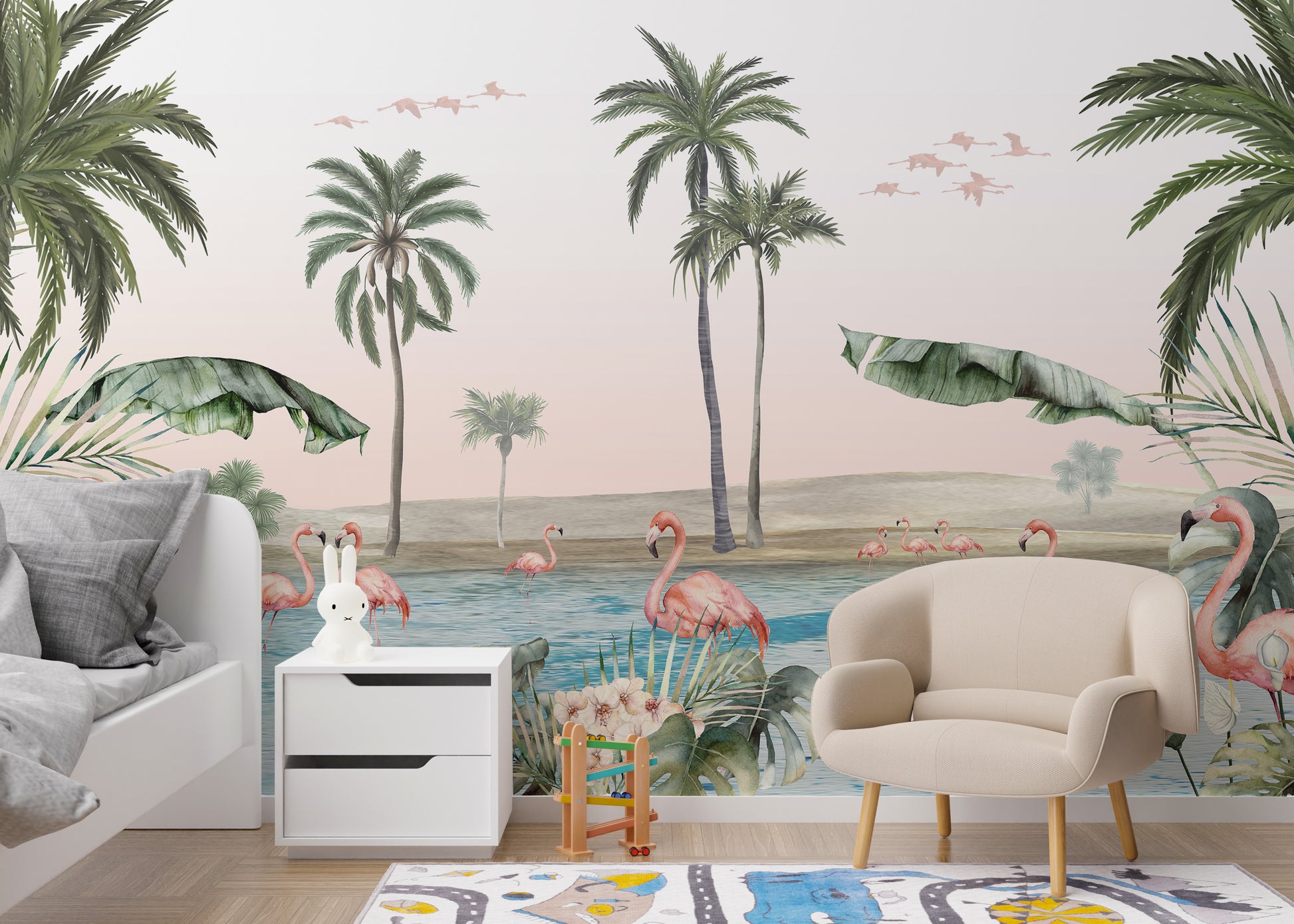 Flamingo mural adding tropical charm to any space.
