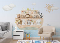 Artistic mural featuring a variety of animals aboard an ark
