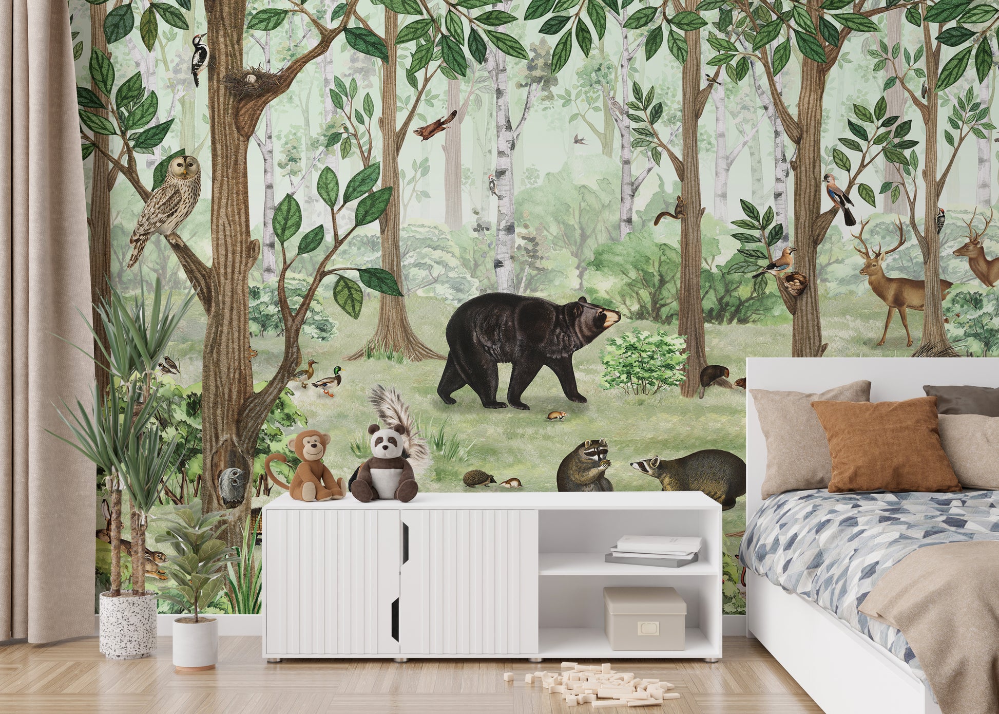 Lookbook-style mural showcasing picturesque forest landscapes.
