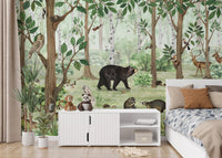 Lookbook-style mural showcasing picturesque forest landscapes.
