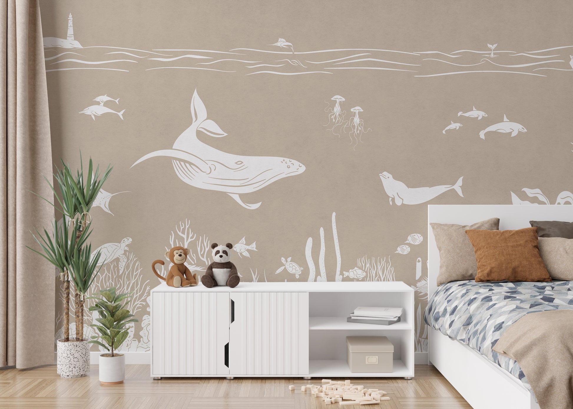 Transform interiors with Monochrome Sea Brown wall design.
