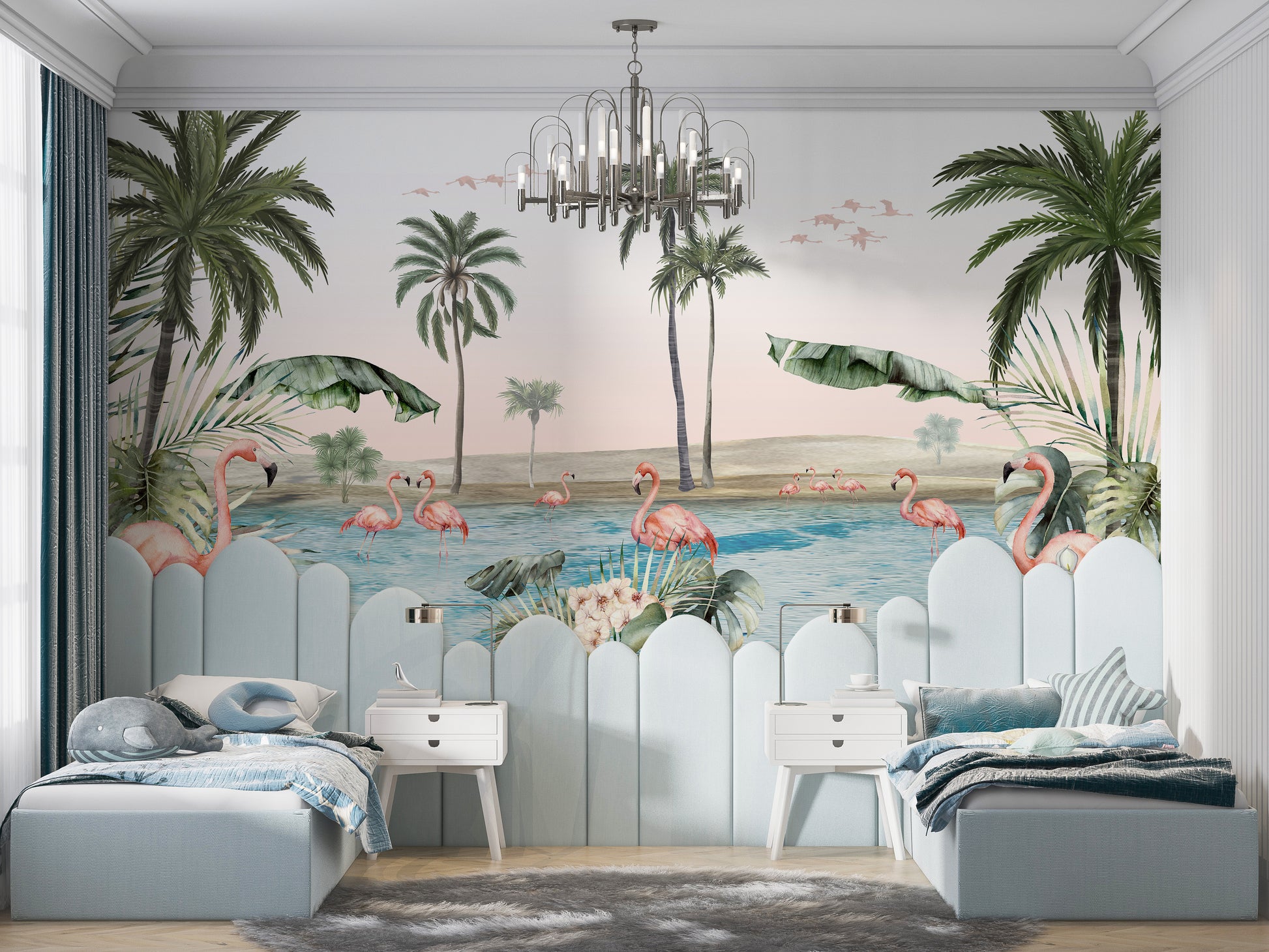 Palm and flamingo mural perfect for tropical interiors.
