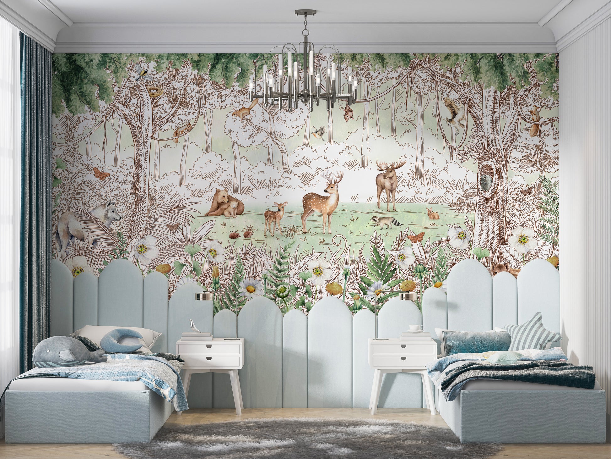 Vibrant mural showcasing forest animals in a spring setting.
