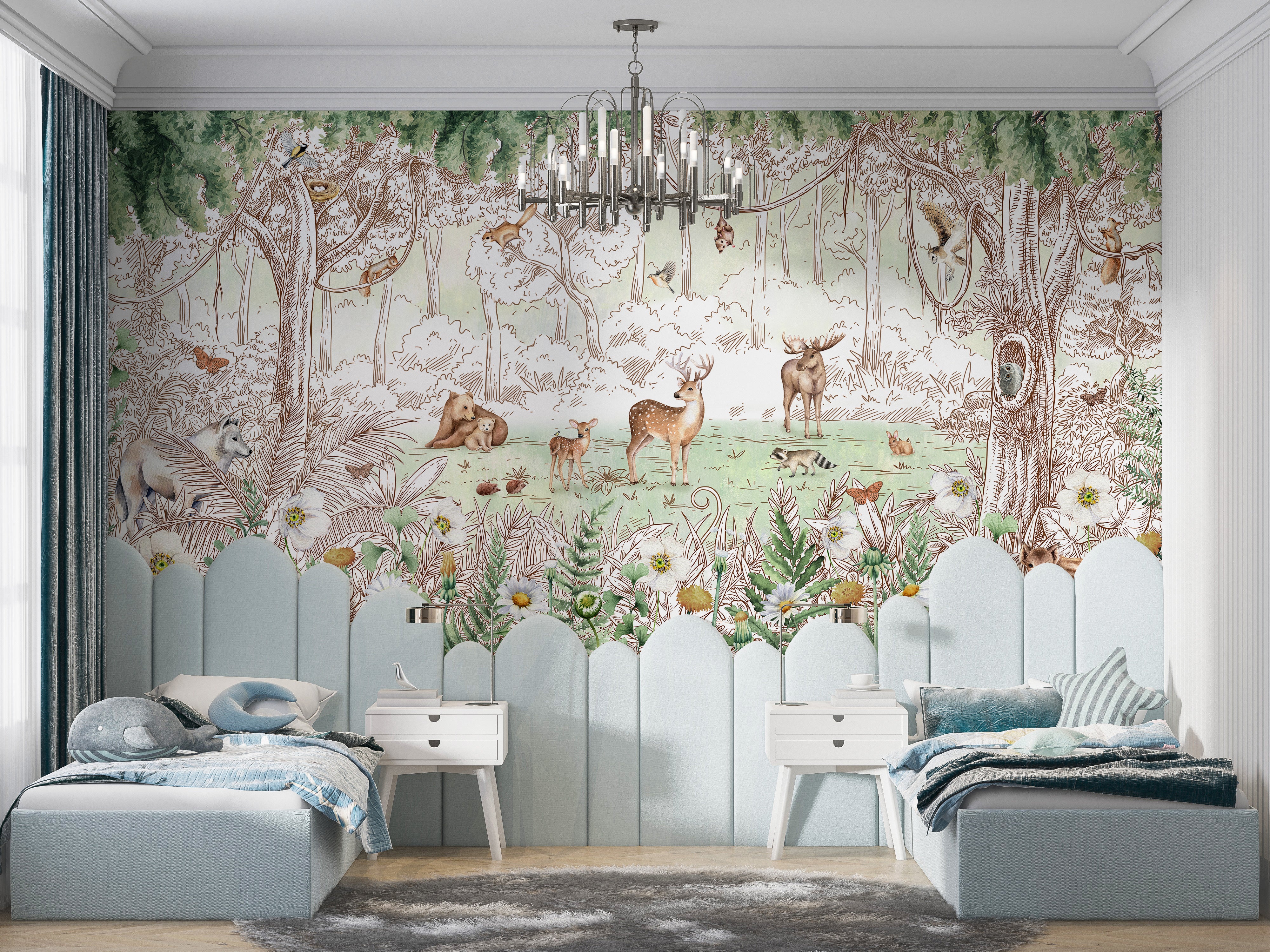 Vibrant mural showcasing forest animals in a spring setting.

