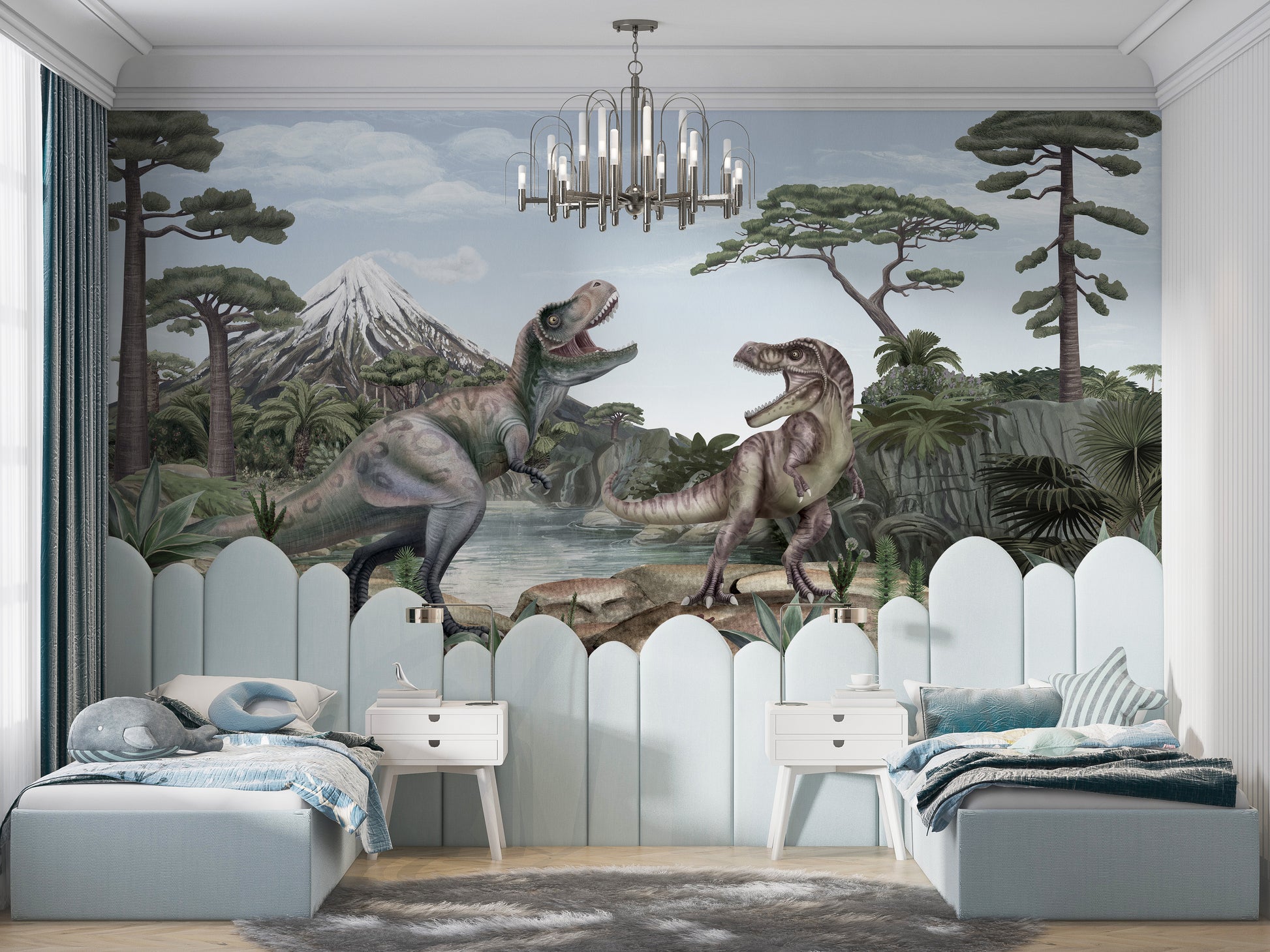 Terrific T-Rex wallpaper for fun, dynamic room designs.
