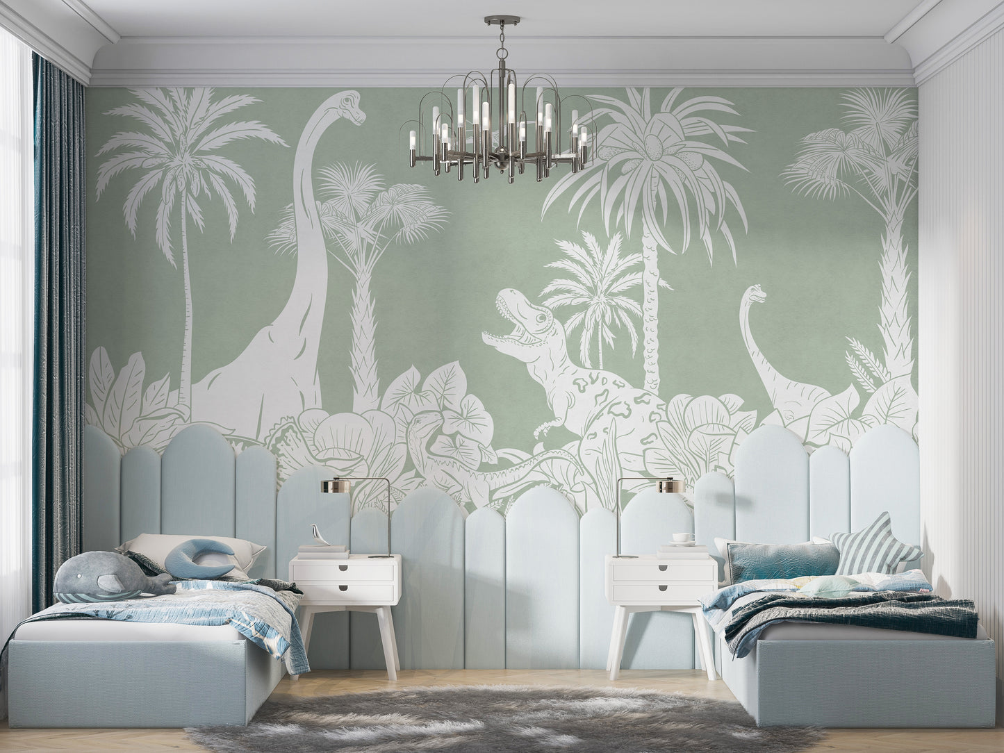 Monochrome Dino Green mural brings prehistoric vibes indoors.
