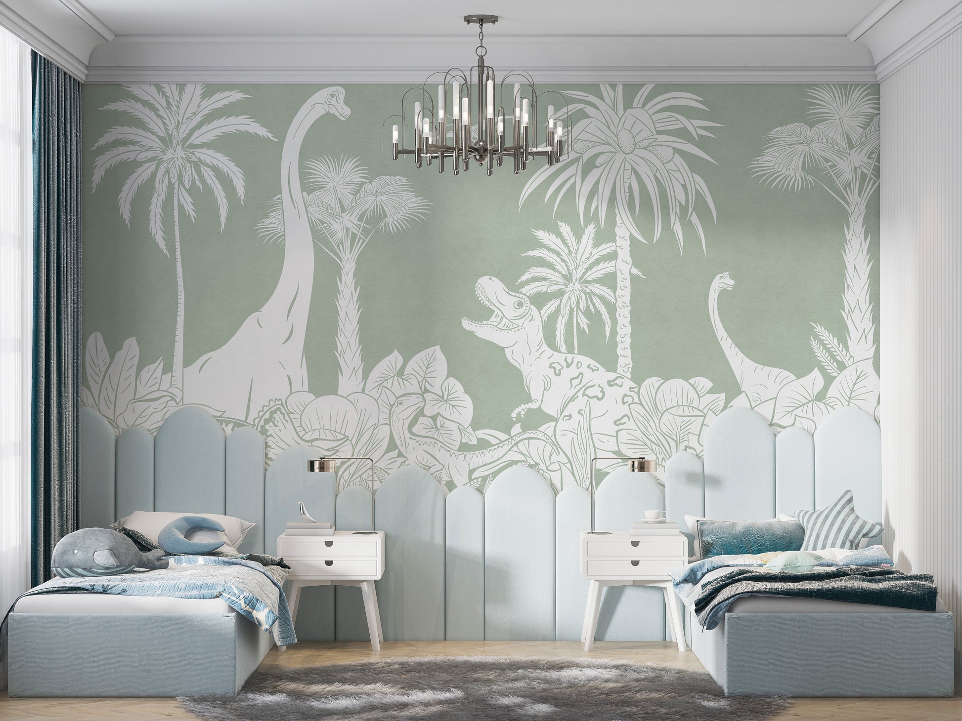Monochrome Dino Green mural brings prehistoric vibes indoors.
