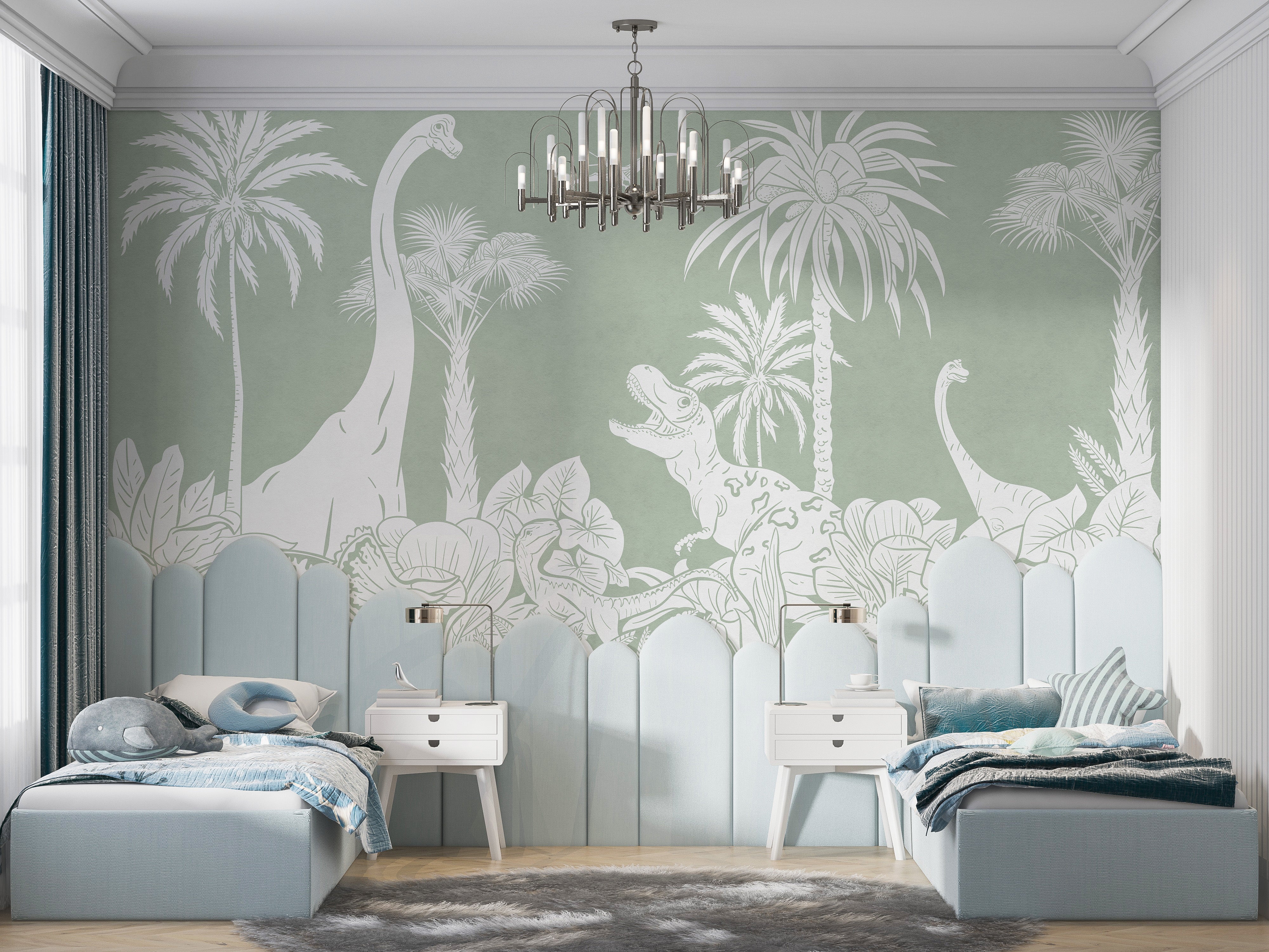 Monochrome Dino Green mural brings prehistoric vibes indoors.
