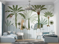 Fun and colorful jungle mural with dancing animal characters
