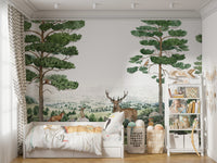 Peel-and-stick wallpaper featuring a tranquil forest view.
