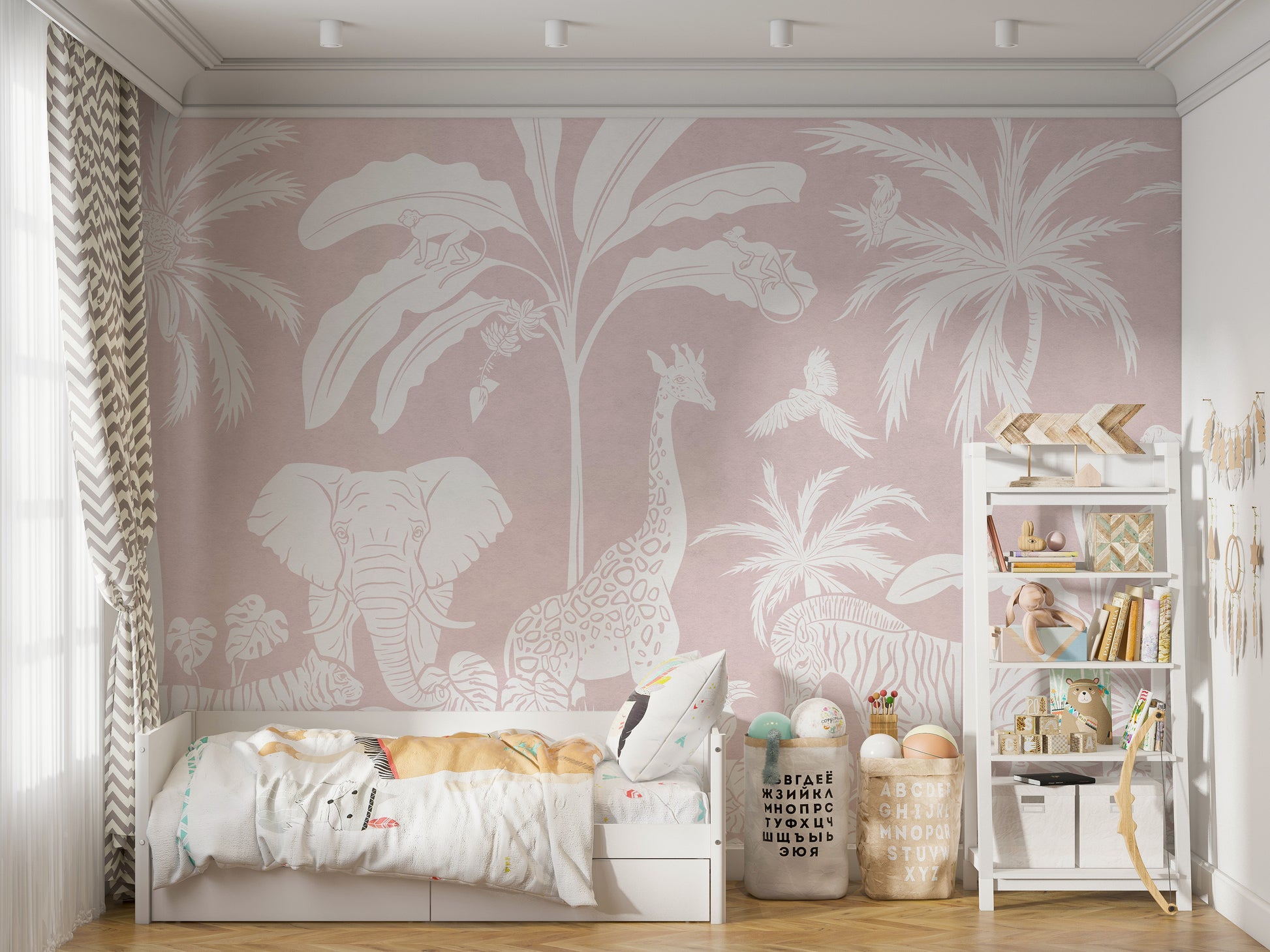 Monochrome Jungle Pink mural adds soft charm to walls.
