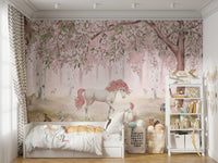 Unicorn Forest Pink wallpaper creates a dreamy ambiance.

