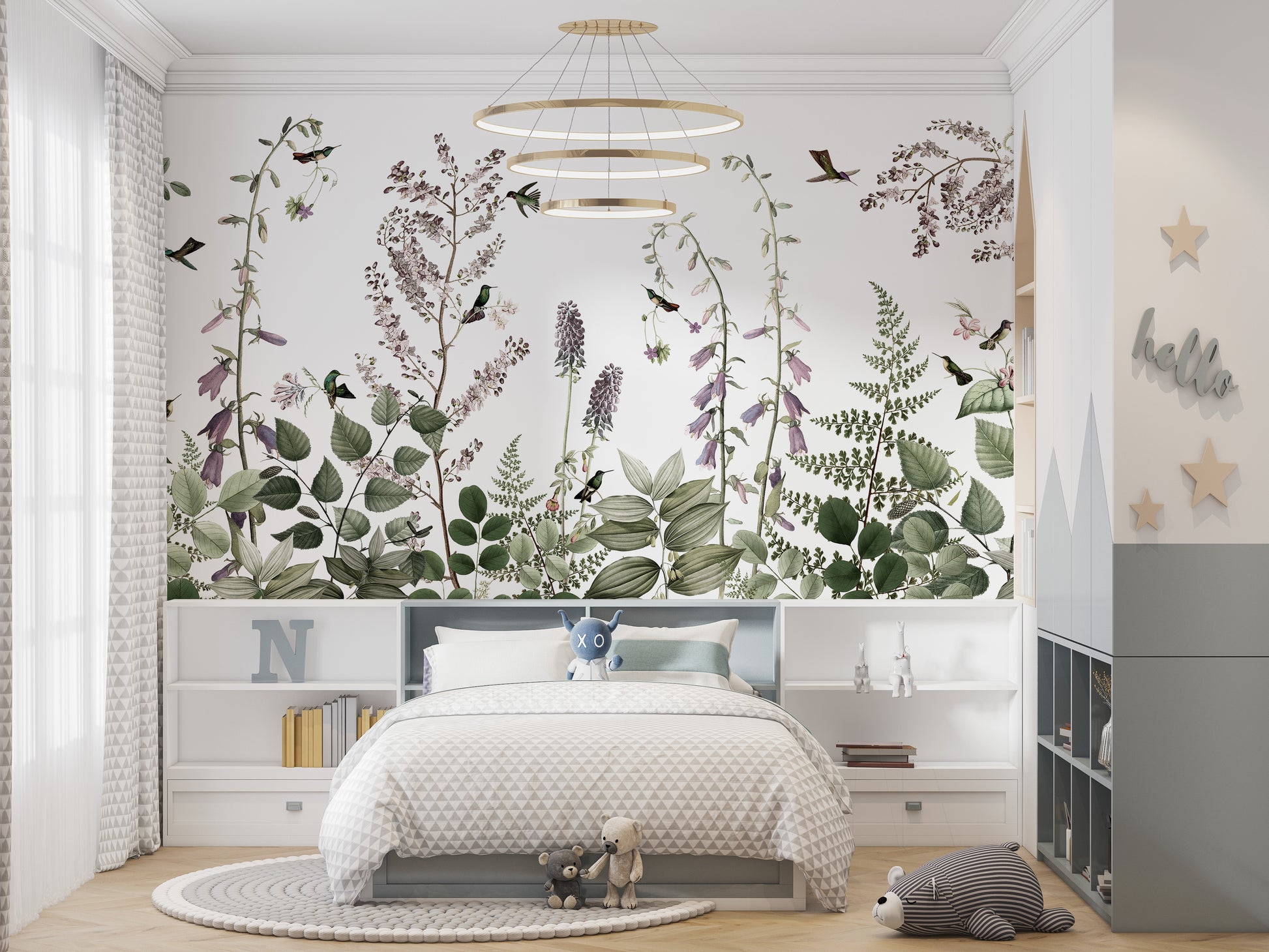 Artistic Hummingbird Hedge mural for dynamic interiors.

