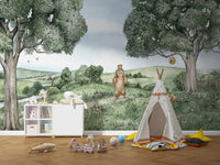 Nature-inspired mural with bears and bees illustrations.
