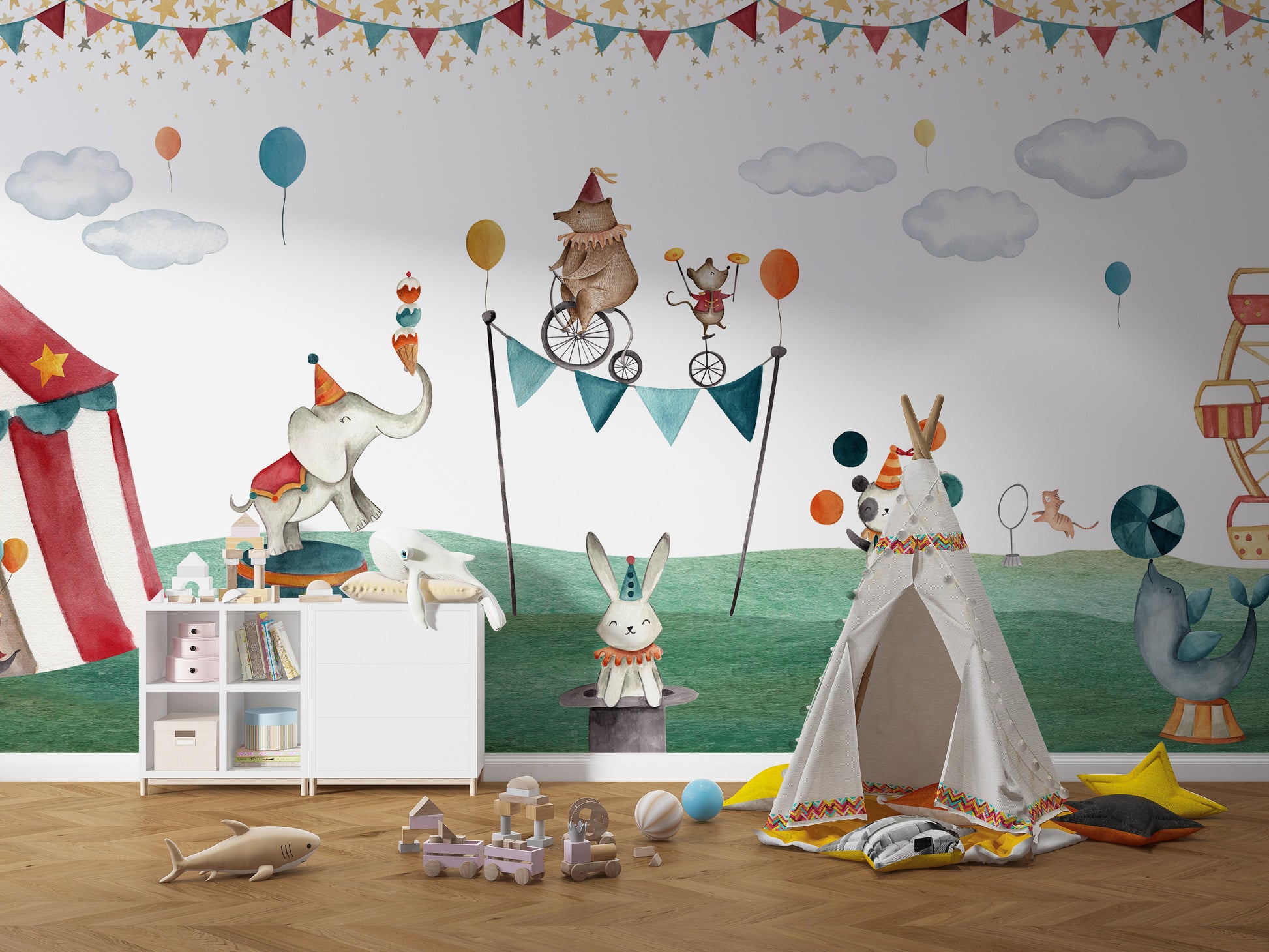 Artistic circus mural with colorful playful animal designs.
