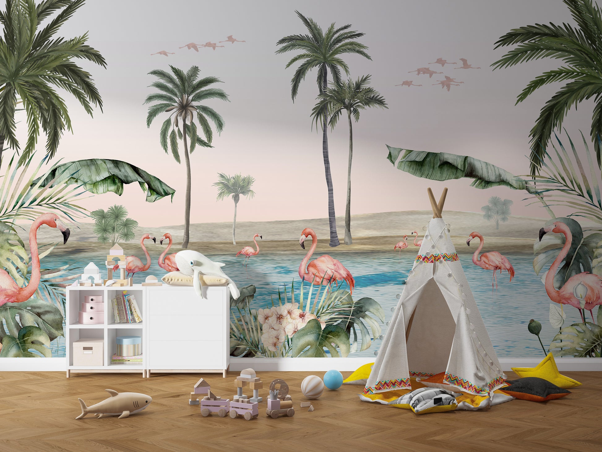 Artistic mural showcasing flamingos amidst palm trees.
