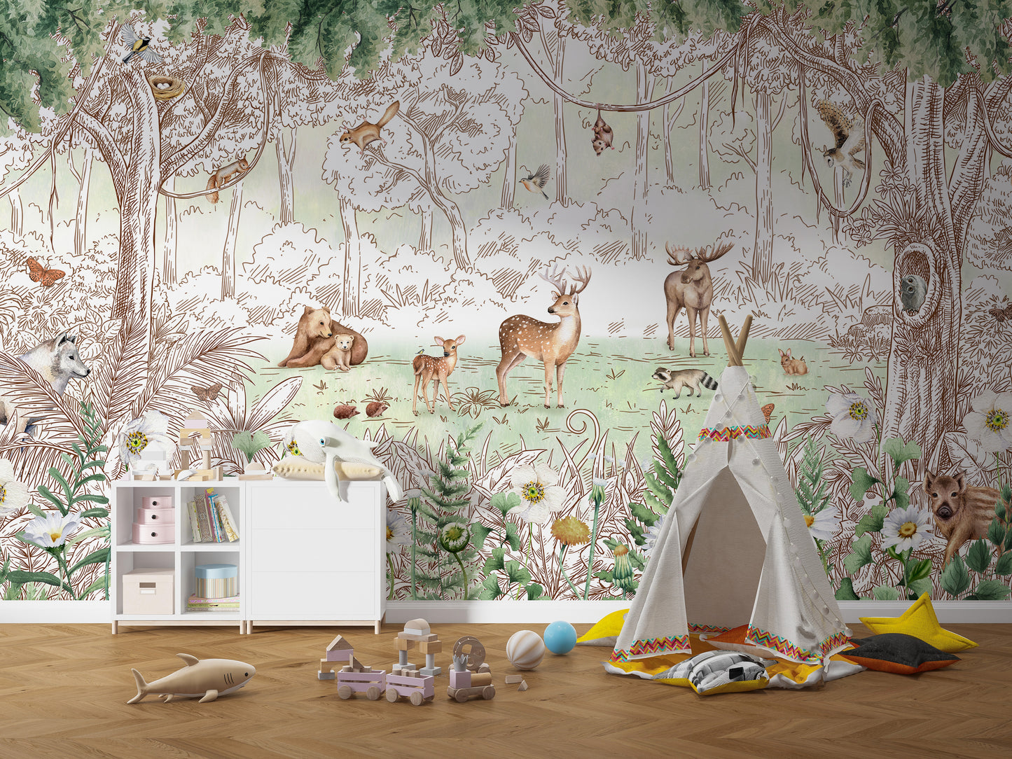 Spring forest mural with wildlife and blossoming flora.
