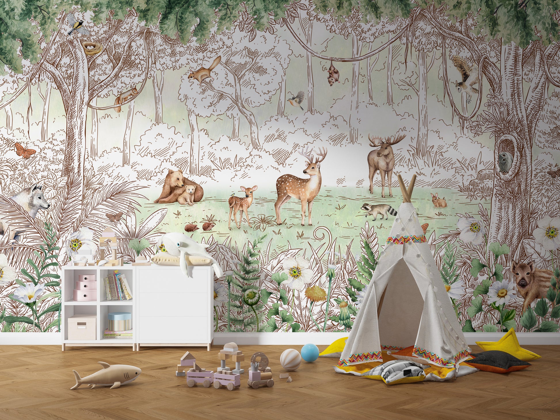 Spring forest mural with wildlife and blossoming flora.
