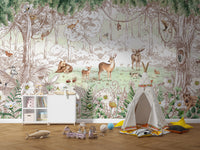 Spring forest mural with wildlife and blossoming flora.
