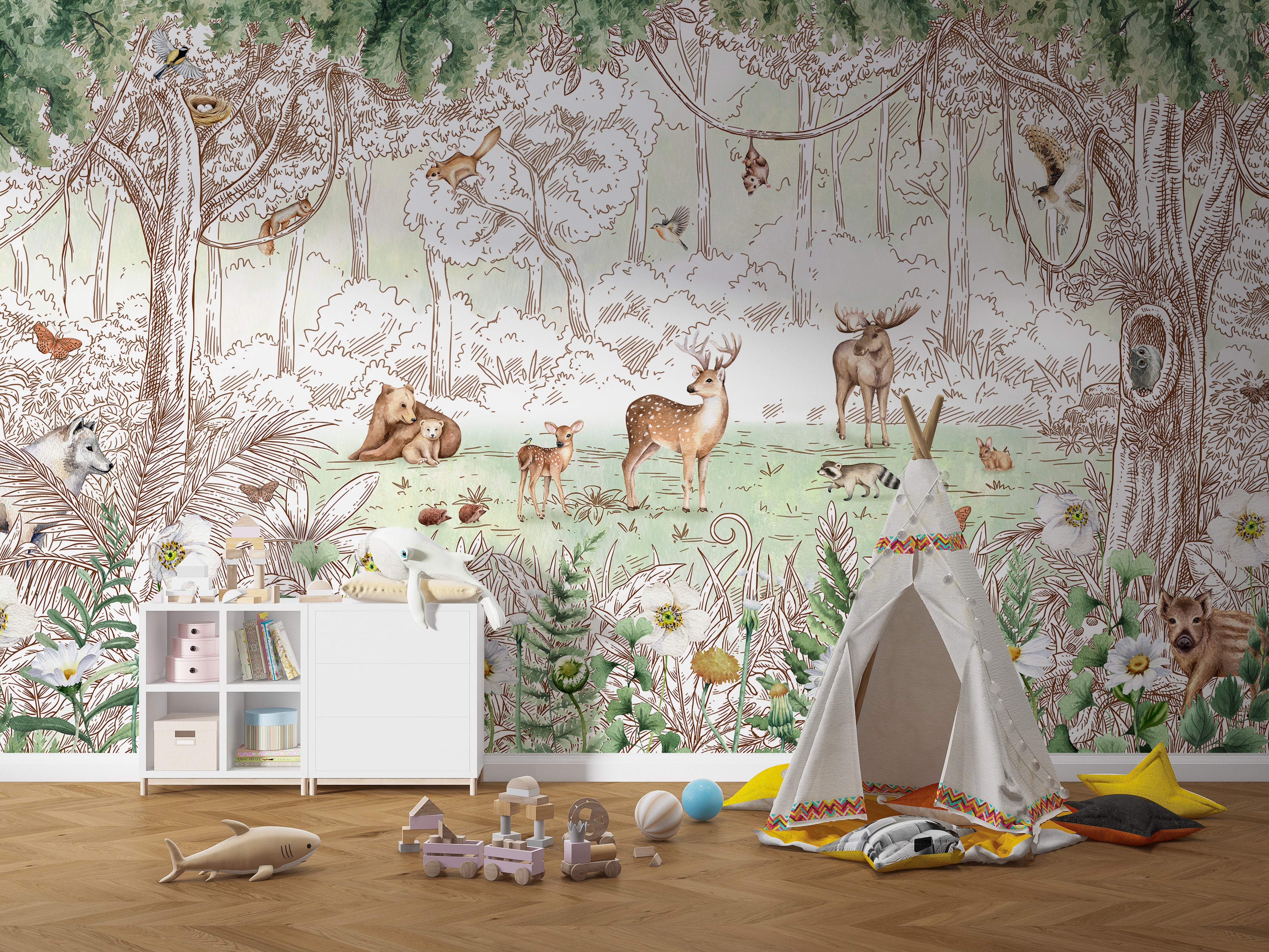 Spring forest mural with wildlife and blossoming flora.
