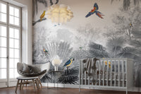 Tropical-themed mural with birds perched in a canopy.
