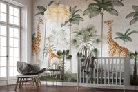 Gracious giraffes mural with a serene nature backdrop.
