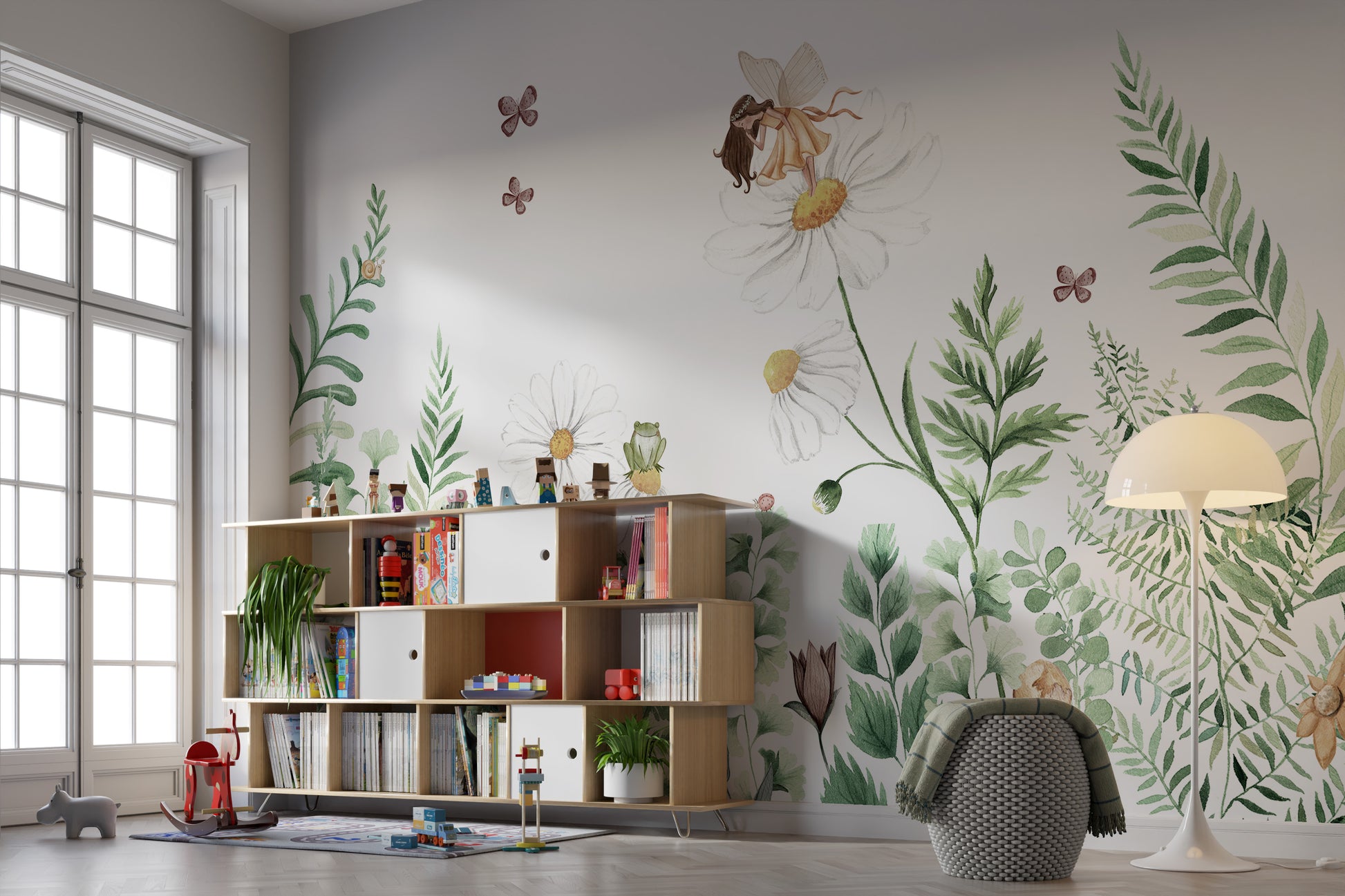 Vibrant fantasy mural with fairies and enchanting greenery.



