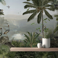 Jungle-themed mural featuring active monkey mischief.
