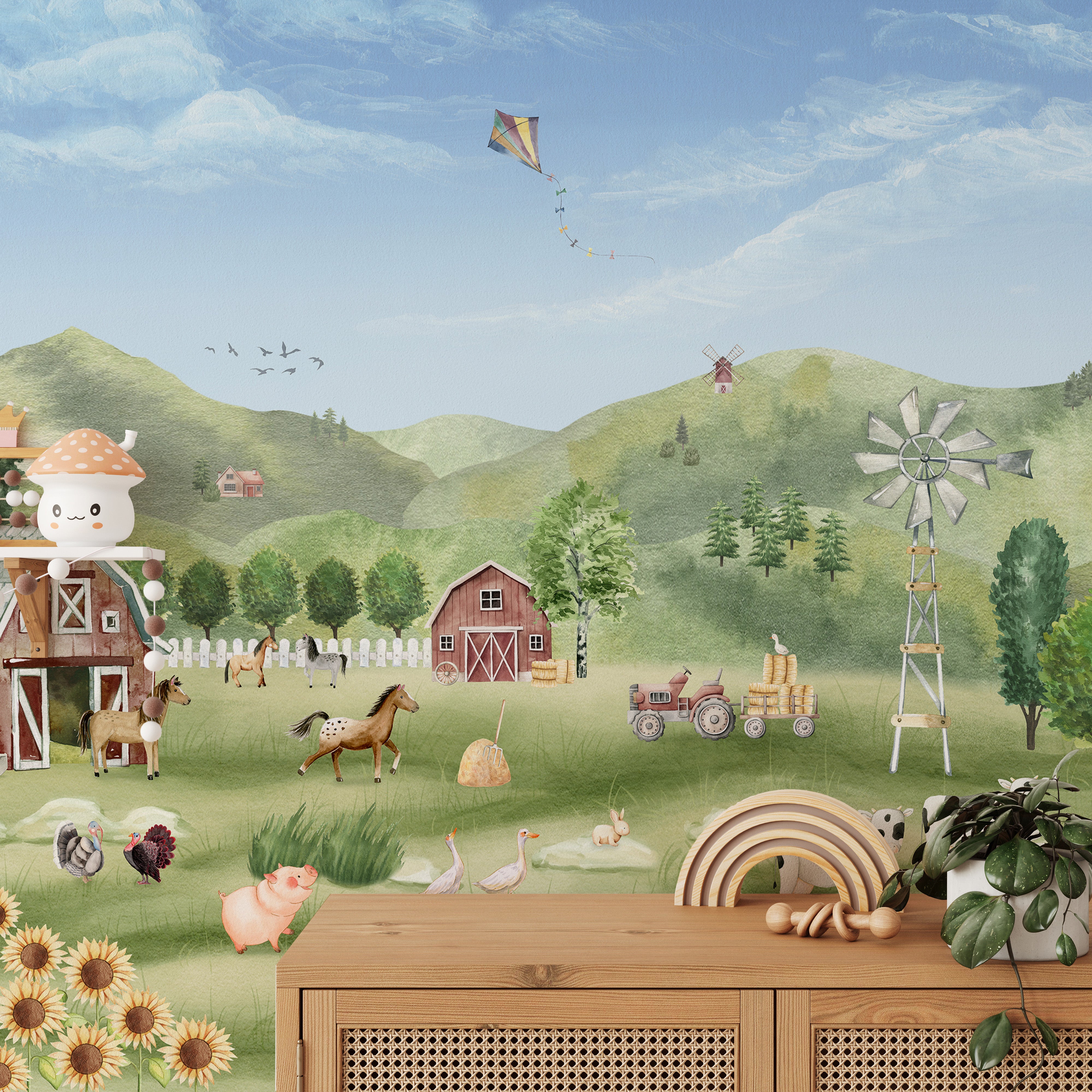 Nature-inspired mural capturing a peaceful pastoral farm scene