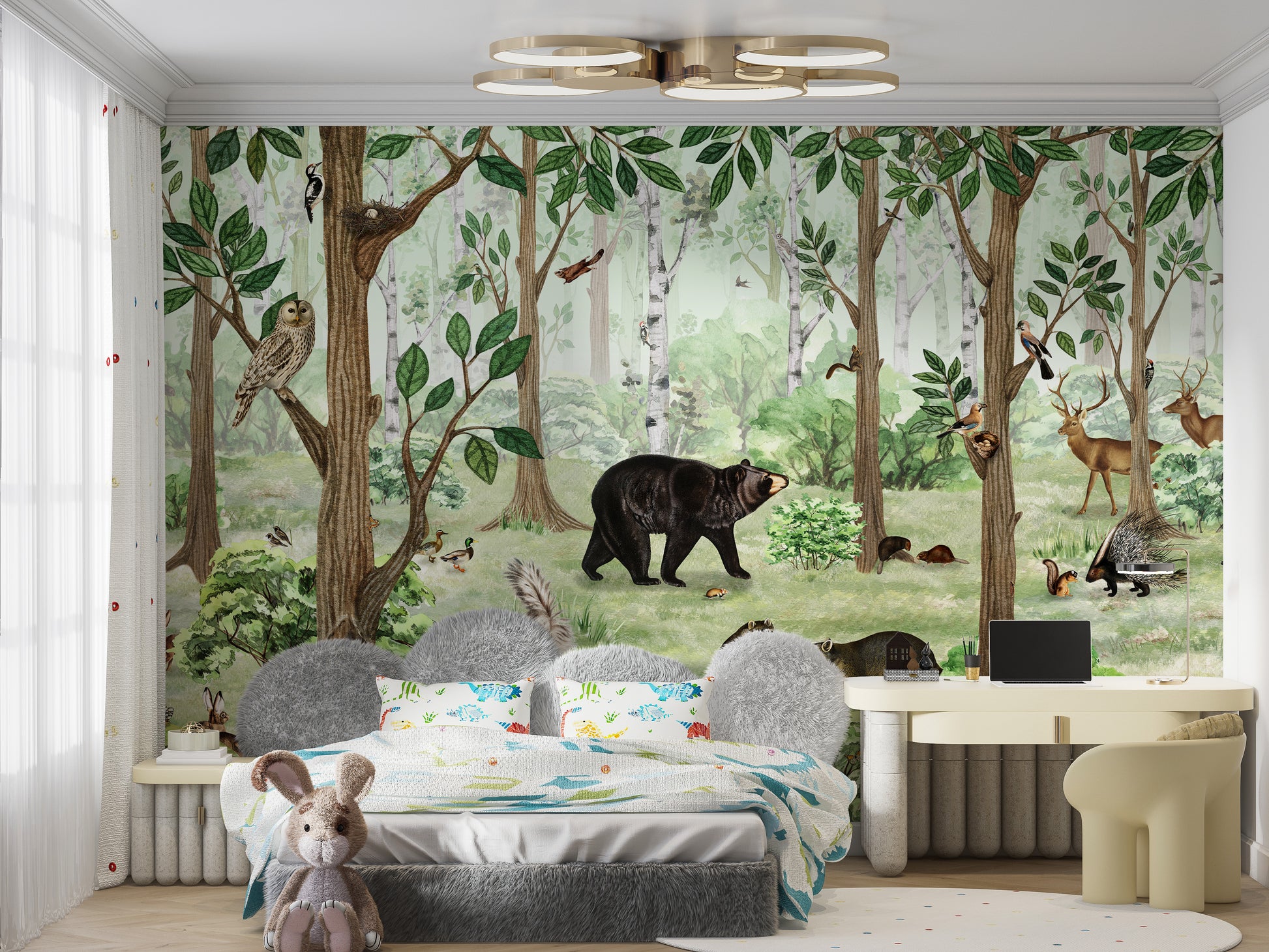Artistic mural with forest-themed lookbook design elements.
