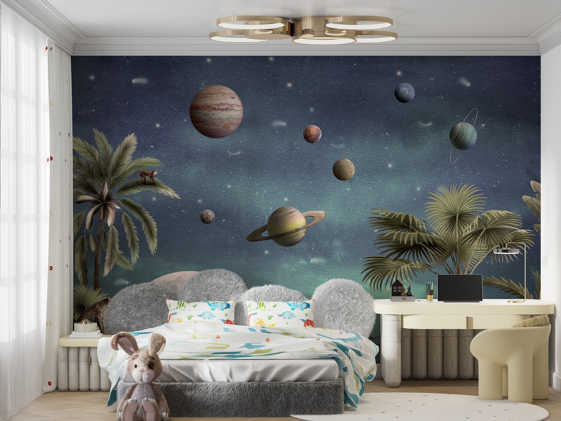 Pretty planets wallpaper adding charm to kids’ rooms.

