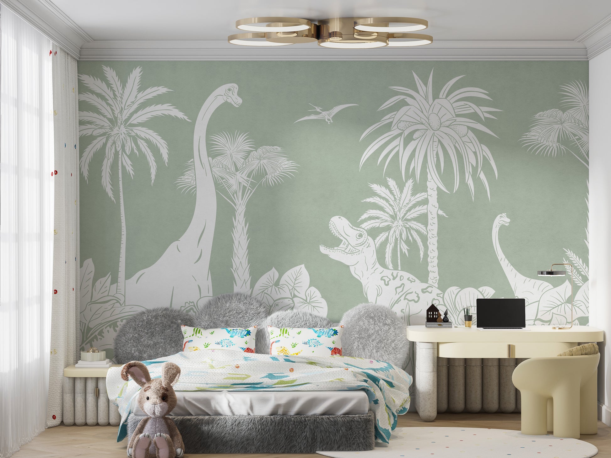Monochrome Dino Green wallpaper for modern kids' decor.
