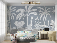 Artistic Monochrome Jungle Blue mural for vibrant interiors.
