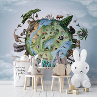 Scenic mural featuring global wildlife and ecosystems.
