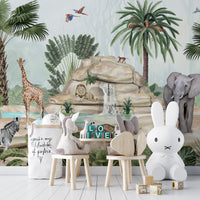 Peaceful wallpaper with animals near a watercolor pond.
