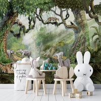 Lush jungle mural featuring elegant wild cats.
