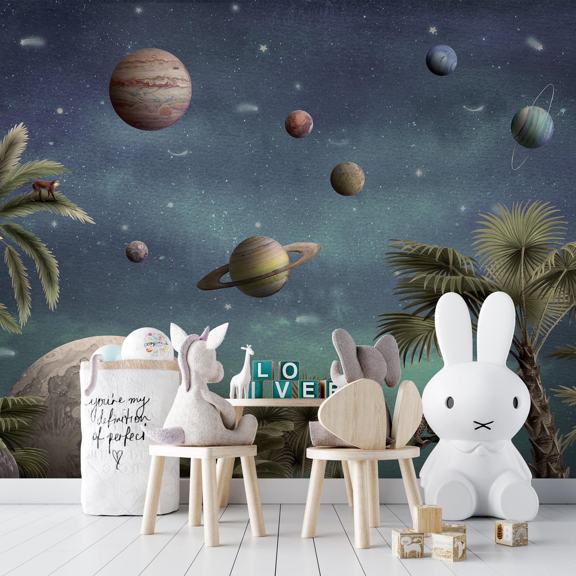 Space-inspired mural featuring pretty planets and galaxies.
