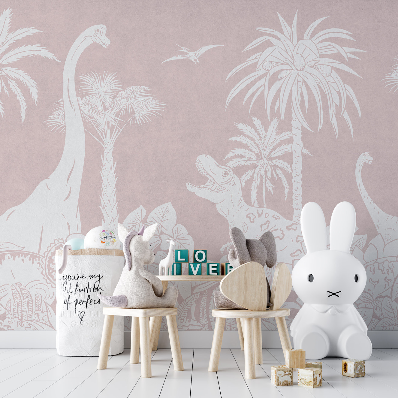 Stylish Monochrome Dino Pink mural for kids’ rooms.