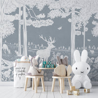 Monochrome Forest Blue mural enhances walls with natural beauty.



