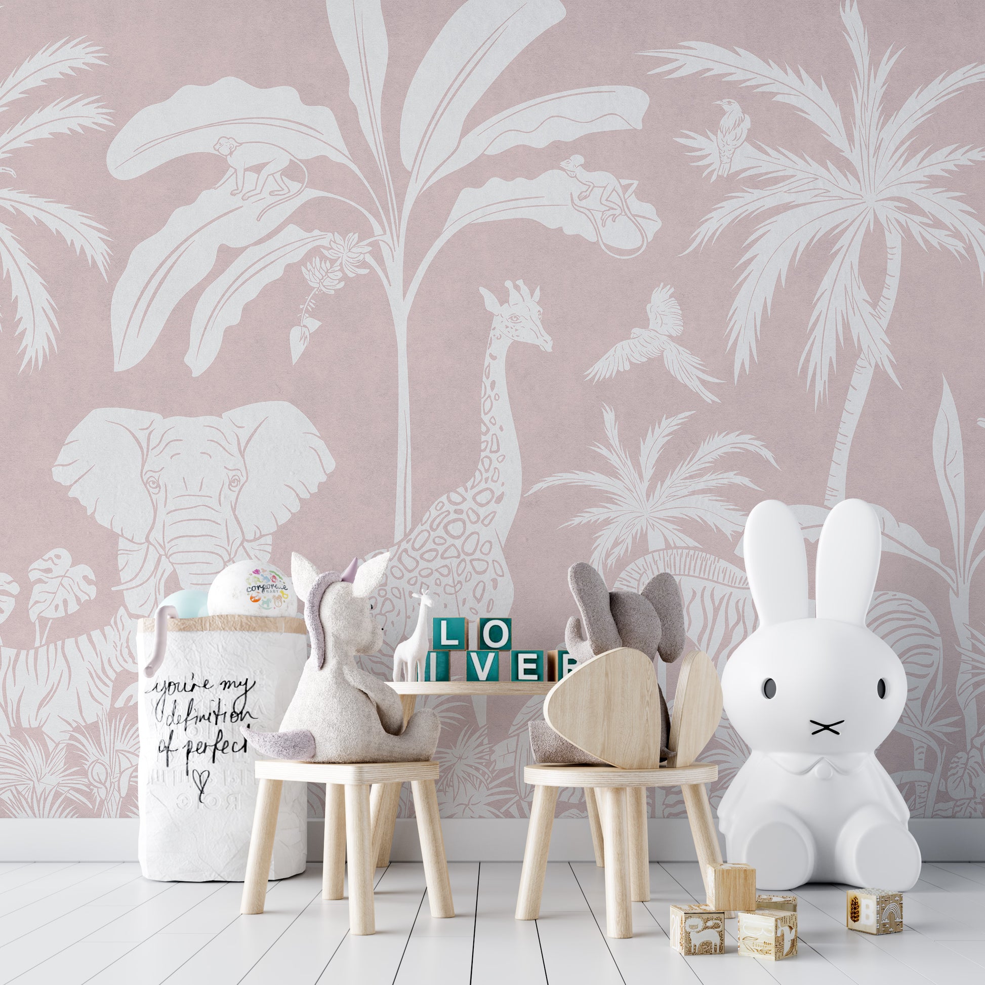 Monochrome Jungle Pink mural creates a lively ambiance.