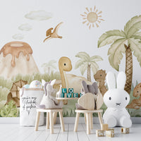 Charming wall art showcasing baby dinosaurs in a whimsical setting
