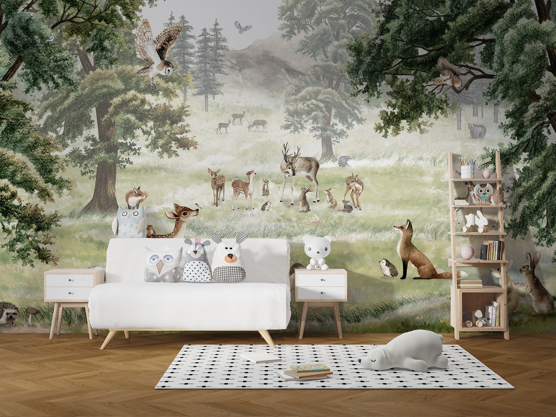 Vibrant mural with forest scenes for playful room décor.
