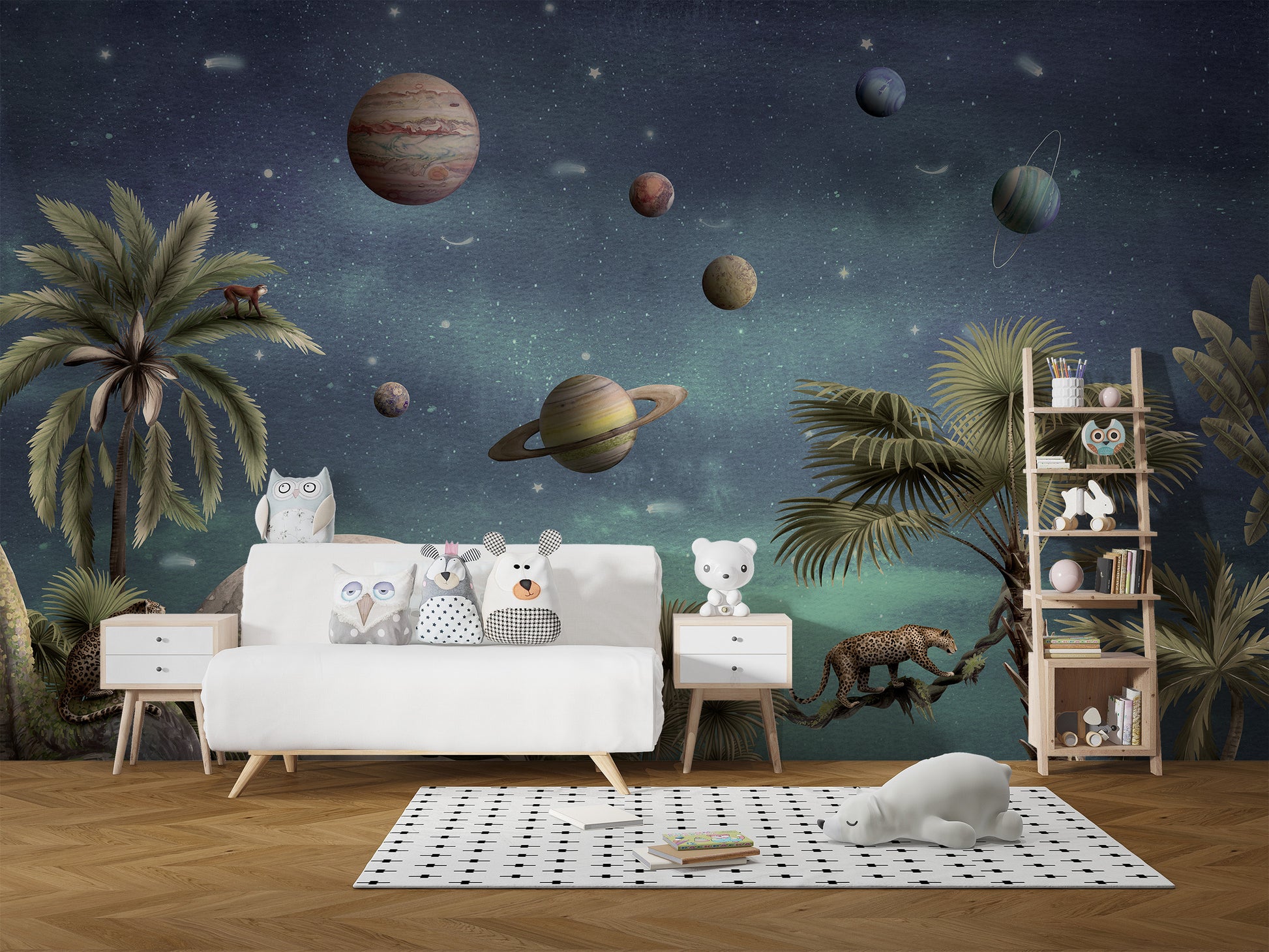 Stylish wall mural with a pretty planetary theme.